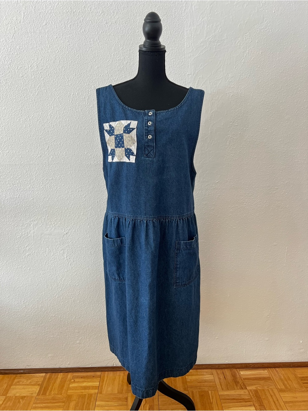Vintage Denim Pinafore Jumper Dress Cottagecore Quilt Blocks Whimsical Teacher